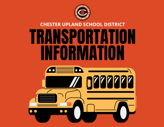 Orange background with yellow school bus & CUSD logo. Text reads: CUSD Transportation Information. 